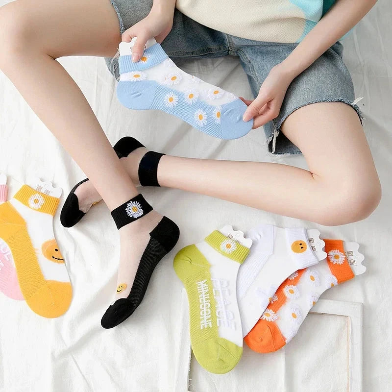 5 Pairs Summer Woman Silk Socks Ankle Lace Ultra-thin Girl’s Transparent Glass Fiber Fashion Daisy Flower Harajuku Cute Style