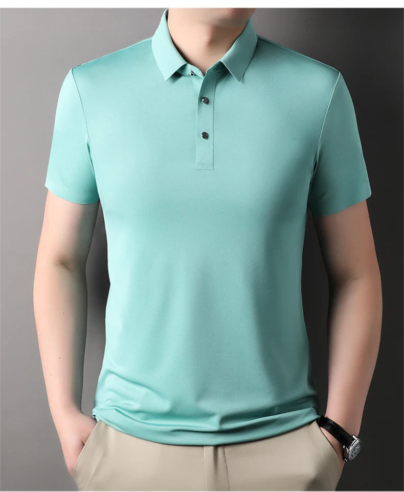 Summer Classic High Quality Solid Color Breathable Men's Short sleeved POLO Shirt Comfortable Ice Silk Casual Business T-shirt