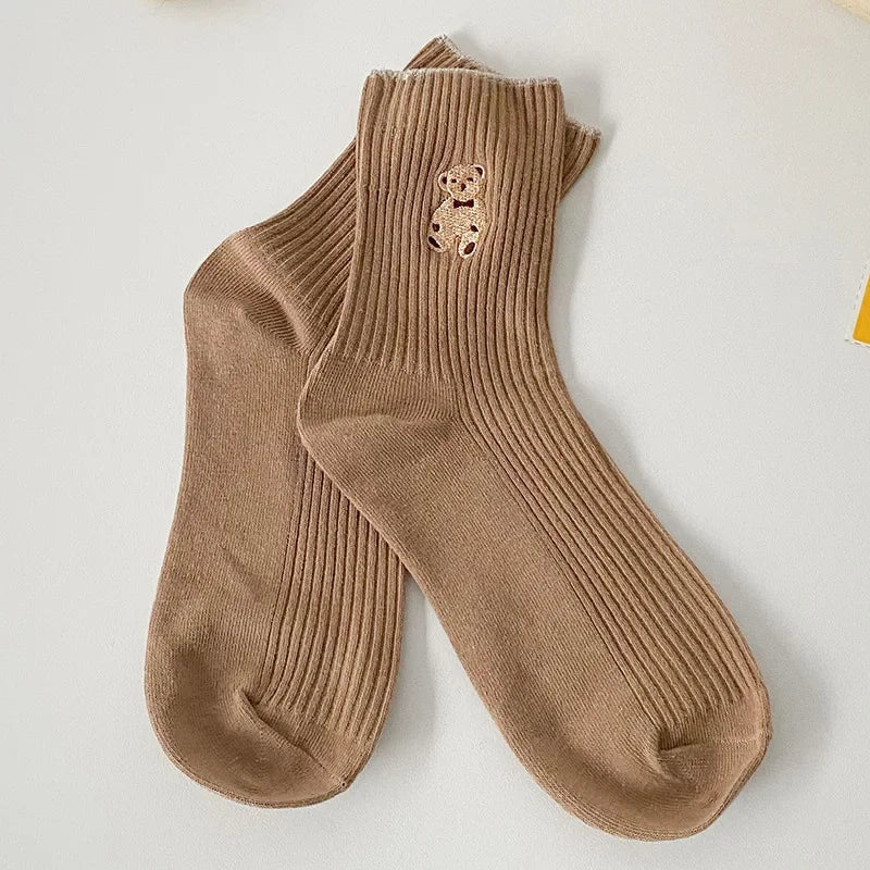 1/5pairs Cartoon Bear Socks Soft Cotton Socks Autumn Coffee Stockings Kawaii Women Socks Korean Casual Stockings Women Hosiery