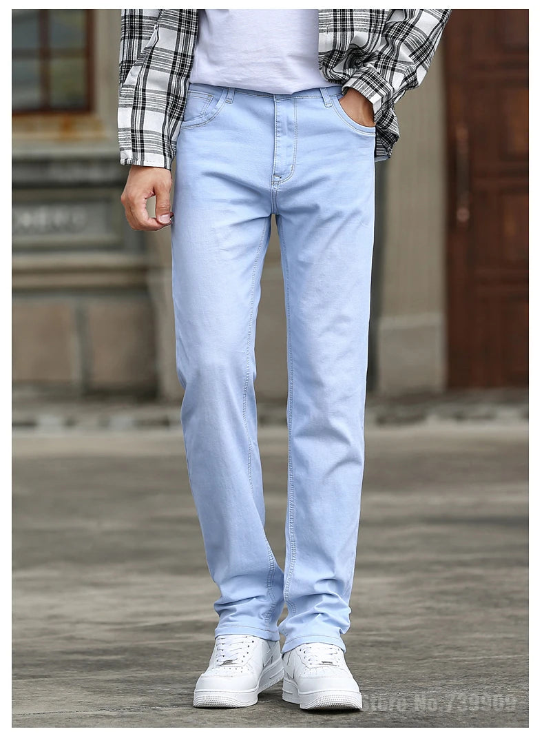 2023 Autumn New Men's Sky Blue Slim Stretch Jeans Classic Style Fashion Casual Denim Pants Male Brand Trousers