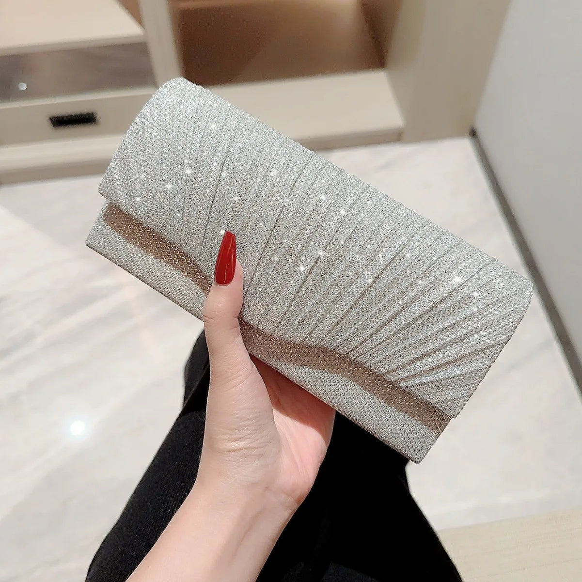 Women Lady Female Silver Evening Dinner Clutch Shiny Elegant Bag Shoulder Bag Handbag Glitter Purse Party Wedding Handheld Bag