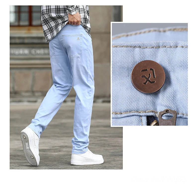 2023 Autumn New Men's Sky Blue Slim Stretch Jeans Classic Style Fashion Casual Denim Pants Male Brand Trousers