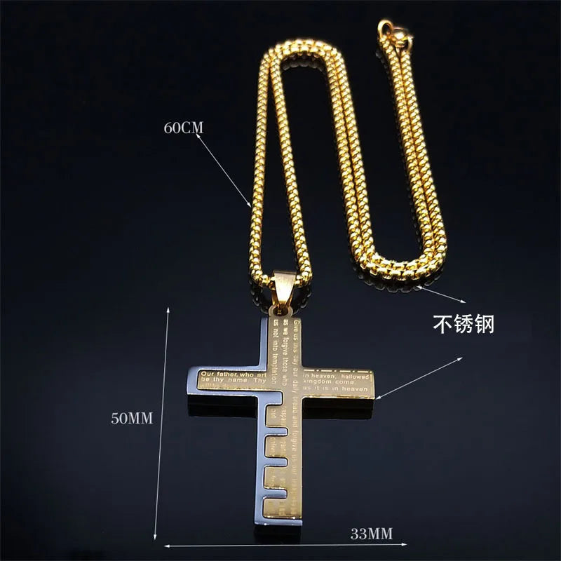 HNSP Stainless Steel Bible Cross Pendant Chain Necklace For Men Jewelry Catholic Crucifixes Rosaries Accessories Male