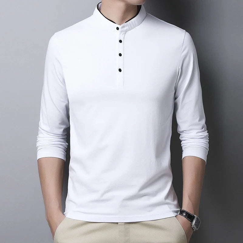 Men's Fashion Long sleeved POLO Shirt Casual Cotton Breathable Top Stand up Collar Korean Comfortable T-shirt Top