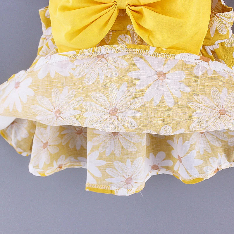 2pcs Baby Girls Sleeveless Daisy Print Back Big Bow Decor Beach Dress & Hat Set Kids Summer Clothes