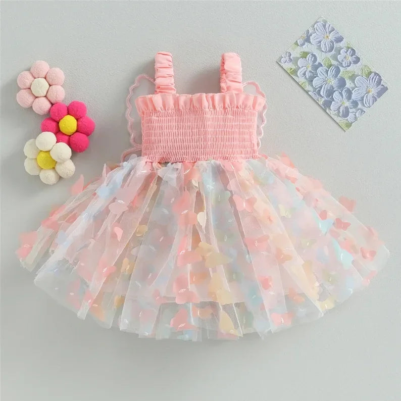 Summer Girl's Dress Sweet Suspender Wrap Waist Colorful Butterfly Mesh Back Big Wings Princess Skirt Suitable for Aged 80-110