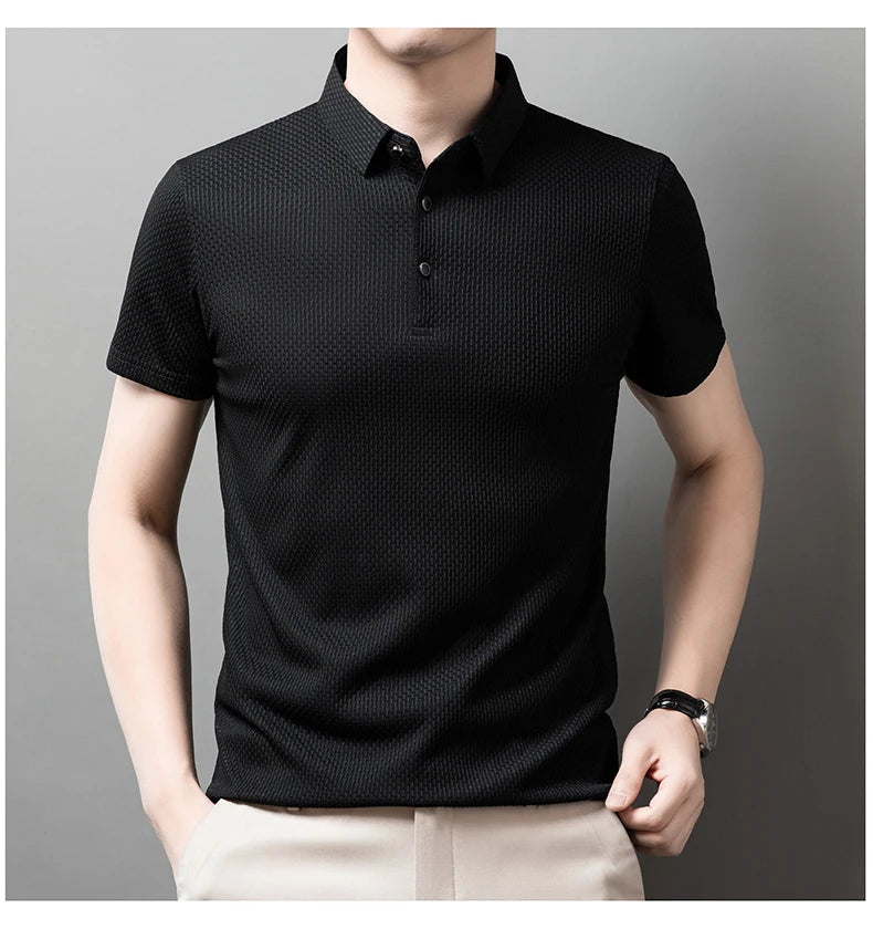 No Trace Of Ice Silk Polo Shirt Lapel Slim Business Casual Short-Sleeved T-Shirt Solid Color Buttons Summer Men's Clothing