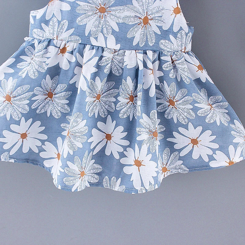 2pcs Baby Girls Sleeveless Daisy Print Back Big Bow Decor Beach Dress & Hat Set Kids Summer Clothes