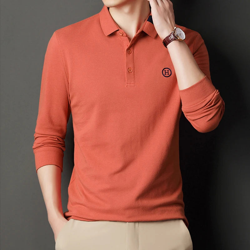 New Men's Casual Embroidery Long Sleeve Polo Shirt Fashion Solid Color Top