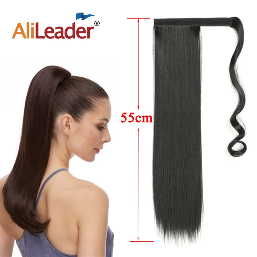 Synthetic Straight Black Wrap Around Ponytails Hair Extensions 22 Inch Fake Hair Piece Wig Heat Resistant Ponytail For Women