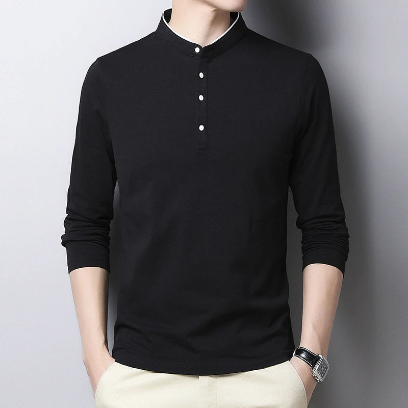 Men's Fashion Long sleeved POLO Shirt Casual Cotton Breathable Top Stand up Collar Korean Comfortable T-shirt Top