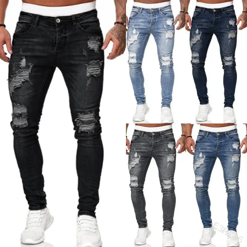 New Fashion Streetwear Ripped Skinny Jeans Men Vintage Wash Solid Denim Trouser Mens Casual Slim Fit Pencil Denim Pants Hot Sale