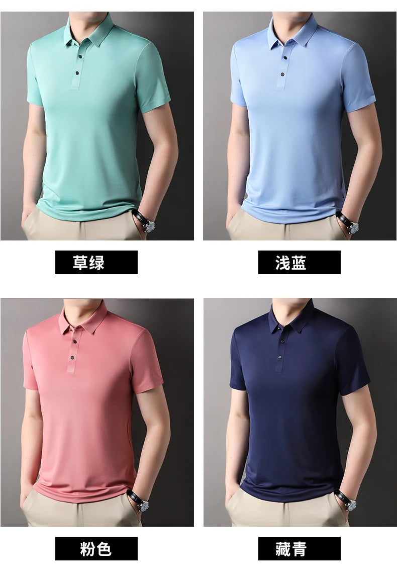 Summer Classic High Quality Solid Color Breathable Men's Short sleeved POLO Shirt Comfortable Ice Silk Casual Business T-shirt