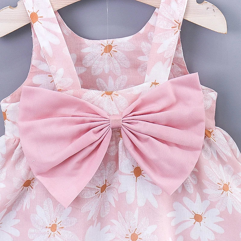 2pcs Baby Girls Sleeveless Daisy Print Back Big Bow Decor Beach Dress & Hat Set Kids Summer Clothes