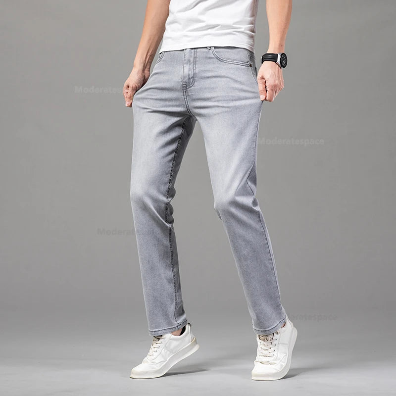 Summer Thin Men's Cotton Jeans New Fashion Gray Elastic Straight Business Casual Pants Comfortable Brand Trousers