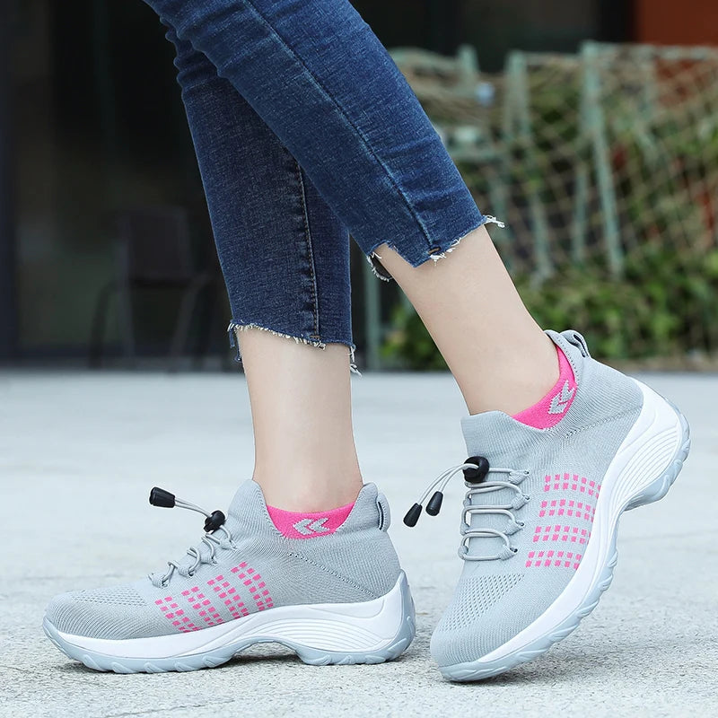 Women's Walking Shoes Fashion Sock Sneakers Mesh Breathe Comfortable Nursing Trainers Casual Platform Loafers Non-Slip Elevator