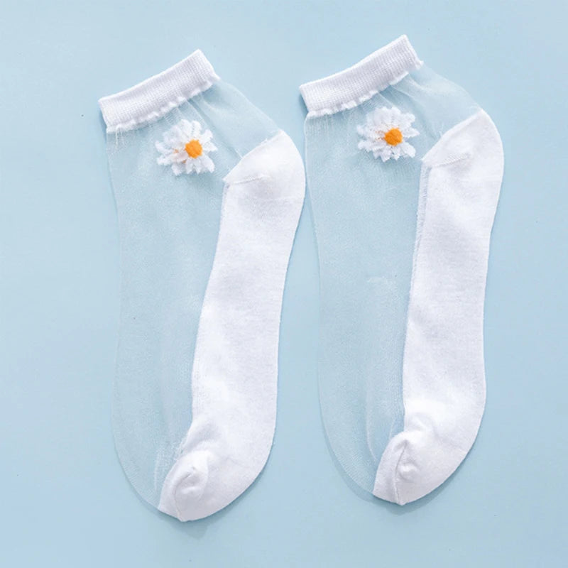 1 Pair Summer Breathable Ultra Thin Socks Women Transparent Lace Silk Crystal Rose Flower Girls Elastic Short Socks Female Sox