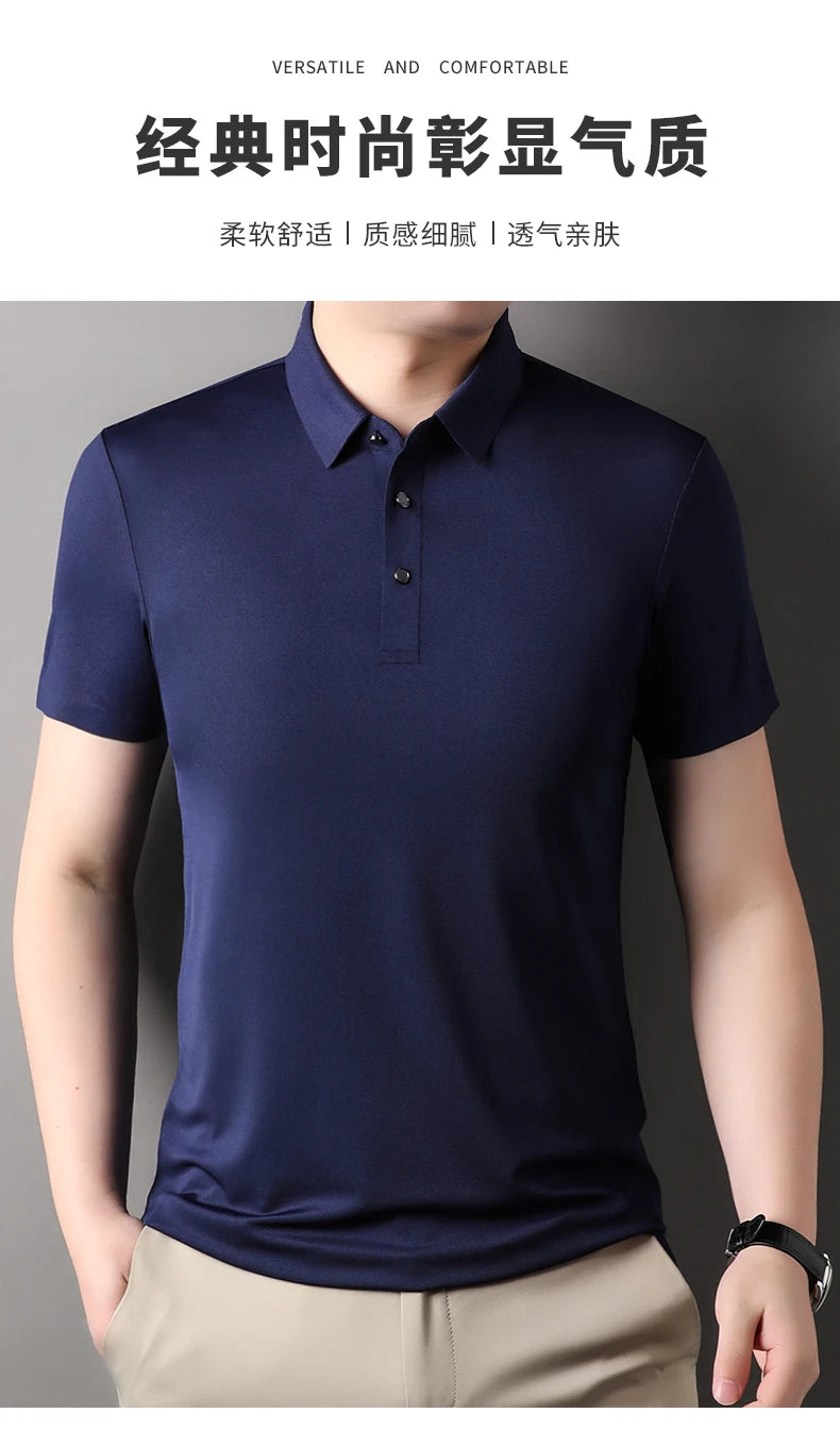 Summer Classic High Quality Solid Color Breathable Men's Short sleeved POLO Shirt Comfortable Ice Silk Casual Business T-shirt