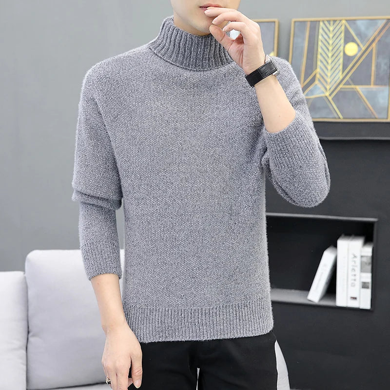 2024 Men Brand High Neck Knitted Pullover New Arrivals Male Fashion Streetwear Casual Slim Solid Color Turtleneck Sweater Male