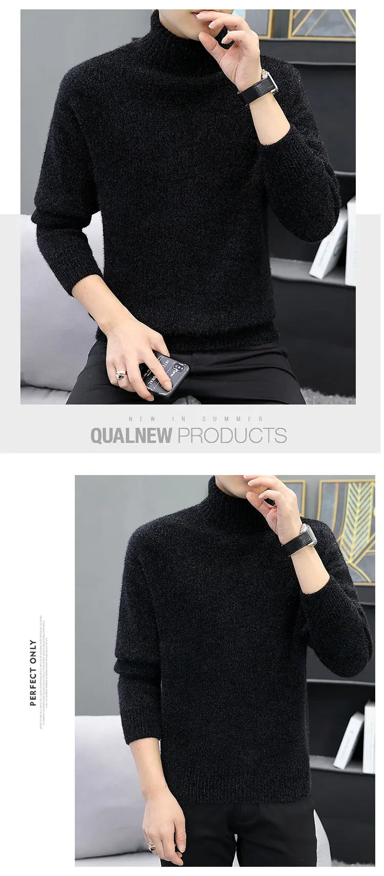 2024 Men Brand High Neck Knitted Pullover New Arrivals Male Fashion Streetwear Casual Slim Solid Color Turtleneck Sweater Male