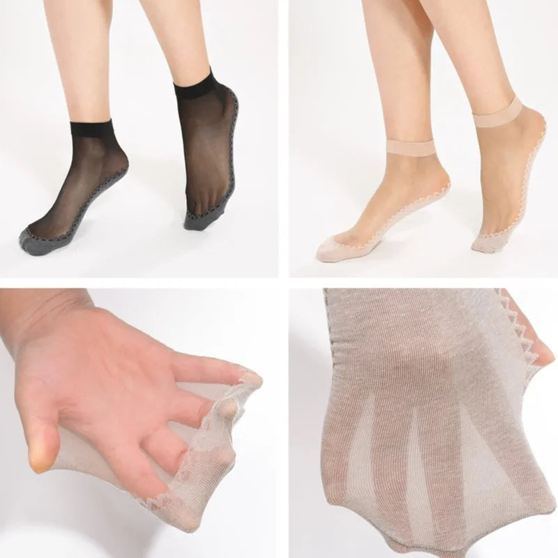 5 Pairs/ Lot Spring Summer Women Soft Socks Casual Non-Slip Bottom Splice Fashion Transparent Ladies Girls Thin Silk Sock