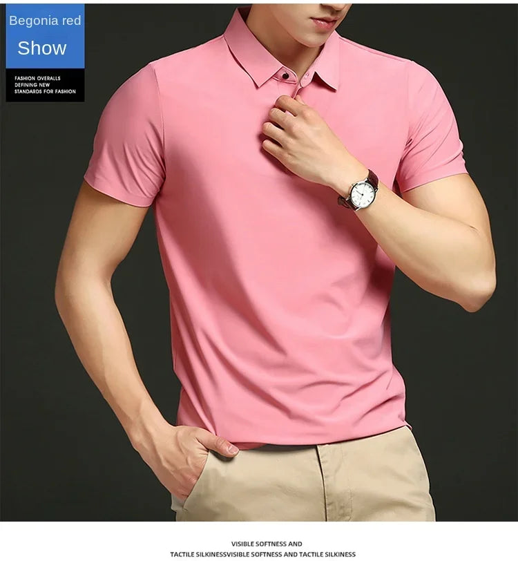 Summer T-shirt Short Sleeve Stretch Ice Silk Polo Shirt Men Business Casual Lapels Slim-Fitting Seamless Mercerized Thin Top Men