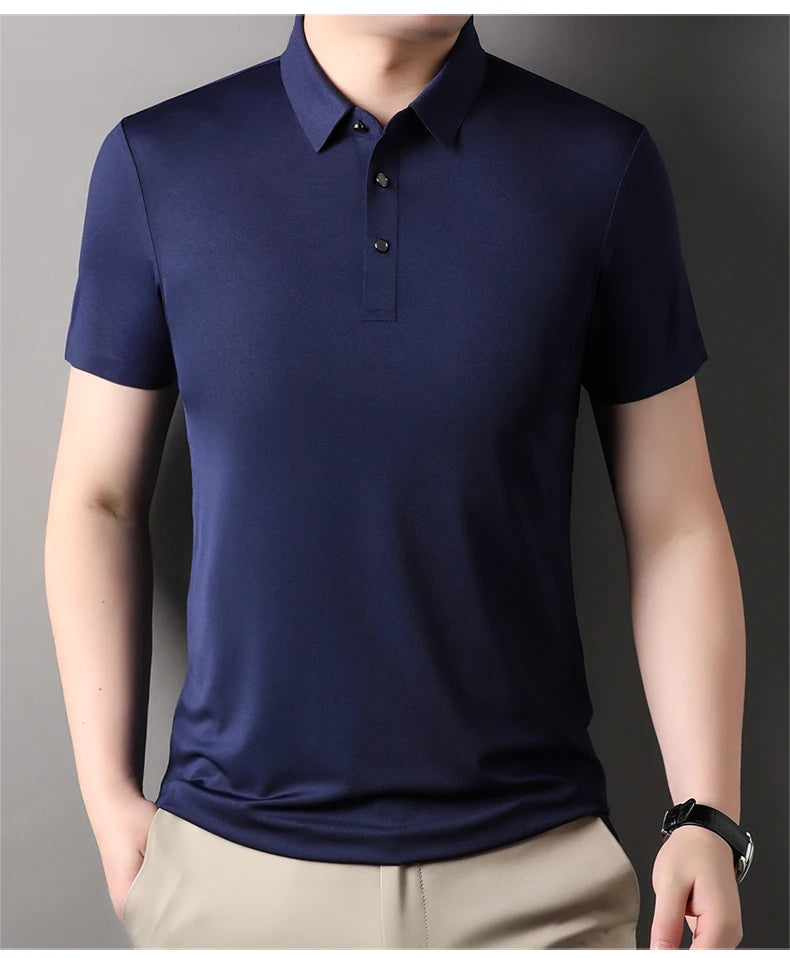 Summer Classic High Quality Solid Color Breathable Men's Short sleeved POLO Shirt Comfortable Ice Silk Casual Business T-shirt