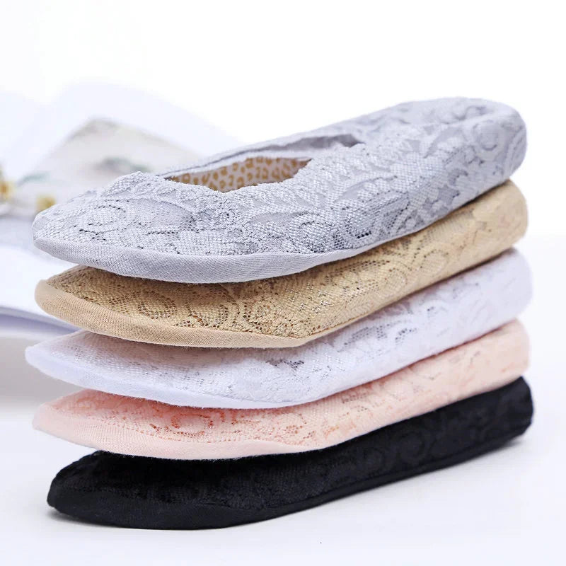 1/5pairs Ballet Lace Flower Sock Slippers Women Summer Silicone Non-slip Ankle Sox Invisible Slipper Lady Hollow Boat Socks Sox