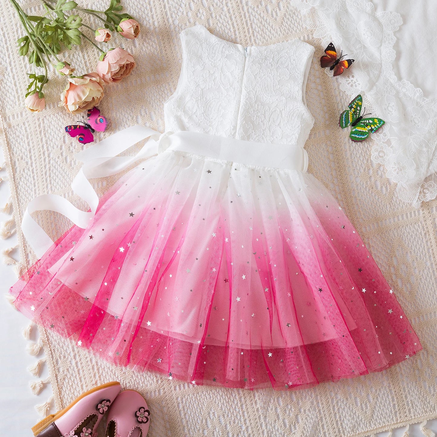 Dress for Kids Girls 2024 New Summer Clothes for 3-8Y Children Clothing Pink Ombre Princess Casual Dress for Birthday Party Wear