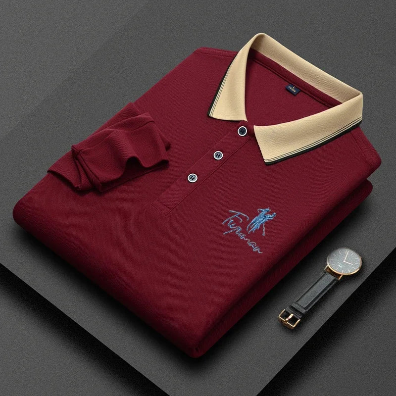 New Men's Casual Embroidery Long Sleeve Polo Shirt Fashion Solid Color Top