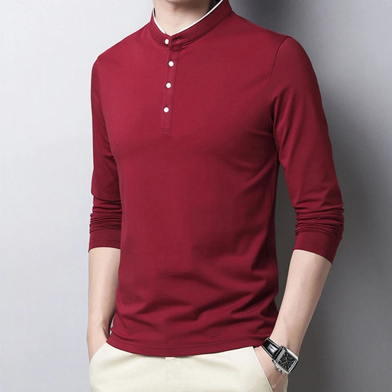 Men's Fashion Long sleeved POLO Shirt Casual Cotton Breathable Top Stand up Collar Korean Comfortable T-shirt Top