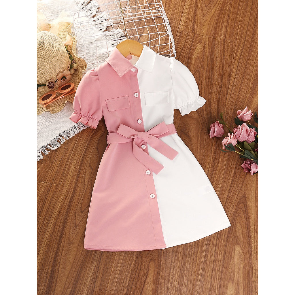 Dress For Kids 4-7 Years old Fashion Short Sleeve Princess Formal Button Stitching Dresses with Belt Ootd For Baby Girl