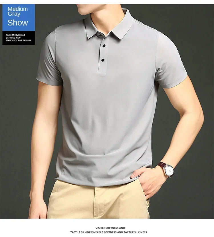 Summer T-shirt Short Sleeve Stretch Ice Silk Polo Shirt Men Business Casual Lapels Slim-Fitting Seamless Mercerized Thin Top Men