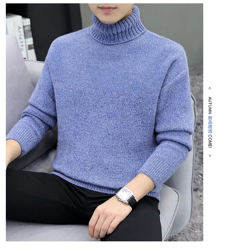 2024 Men Brand High Neck Knitted Pullover New Arrivals Male Fashion Streetwear Casual Slim Solid Color Turtleneck Sweater Male