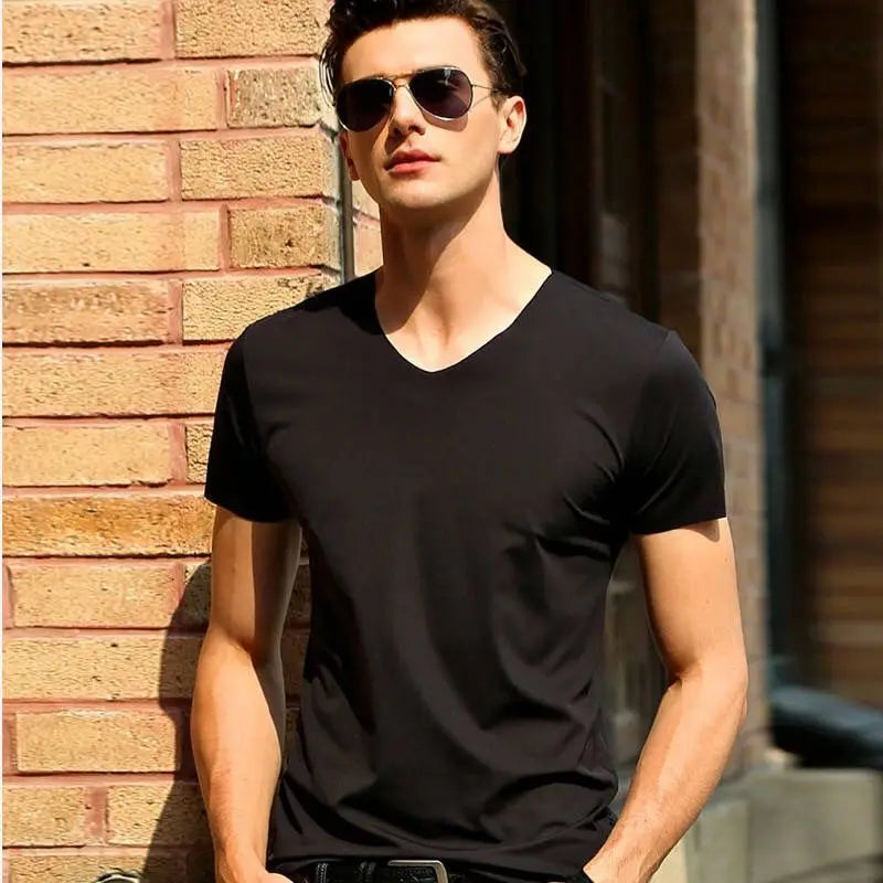 Summer Men T-shirts Ice Silk T Shirt For Men Seamless Casual V-neck Short Sleeve Shirt Tee Tops Men's clothing Blouse Streetwear