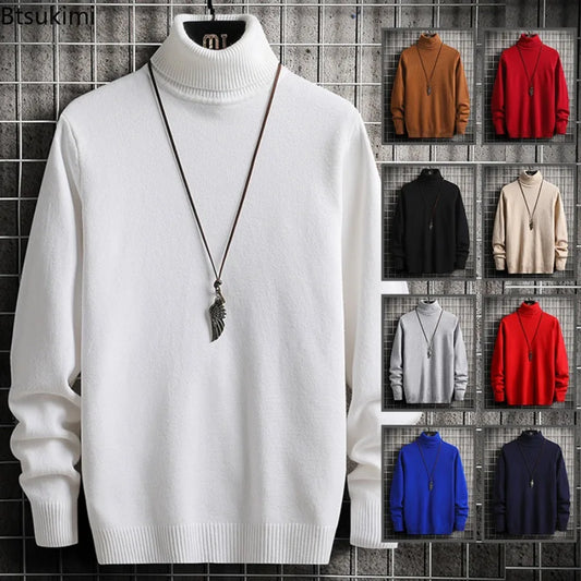 2024 Turtleneck Sweaters Men's Solid Pullovers Knitted Sweater High Collar Knitwear Pullovers Autumn Winter Warm Sweater for Men