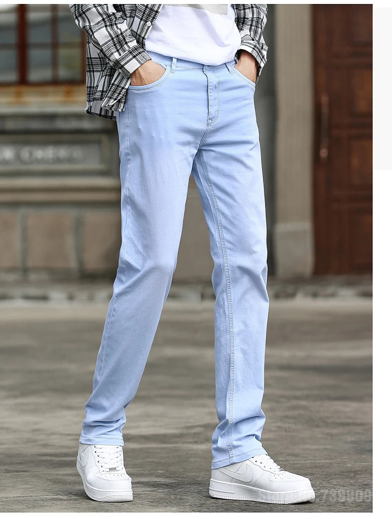 2023 Autumn New Men's Sky Blue Slim Stretch Jeans Classic Style Fashion Casual Denim Pants Male Brand Trousers