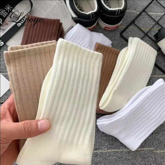 Women Classic Solid Color Striped Cotton Loose Socks Korean Fashion Japanese Style Simple Basic Socks Lady All Match Brown Sock