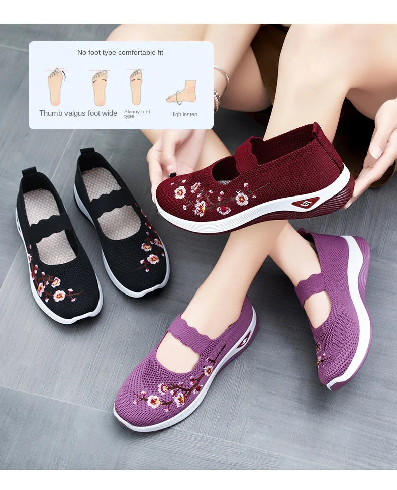 Women's New Shallow Mouth Single Shoeswomen's Sports Shoescasual Flat Bottom Hiking Shoesembroidered Mother's Shoes