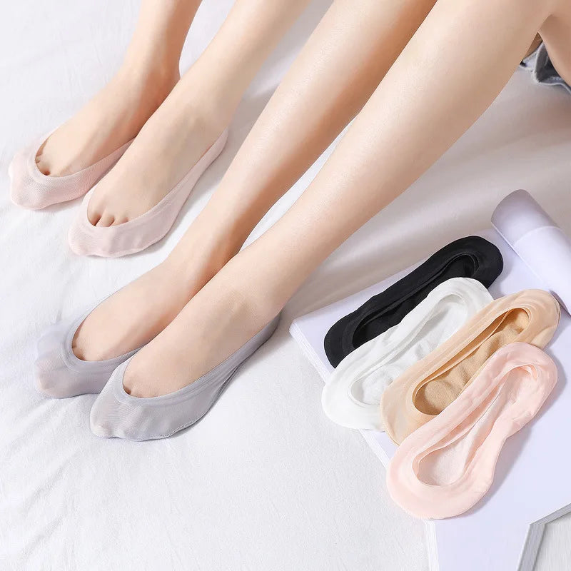 5 Pairs Invisible Women's Ice Silk Boat Socks Summer Silicone Non-slip Shallow Mouth Thin Socks Fashion Thin Ankle No Trace Sock