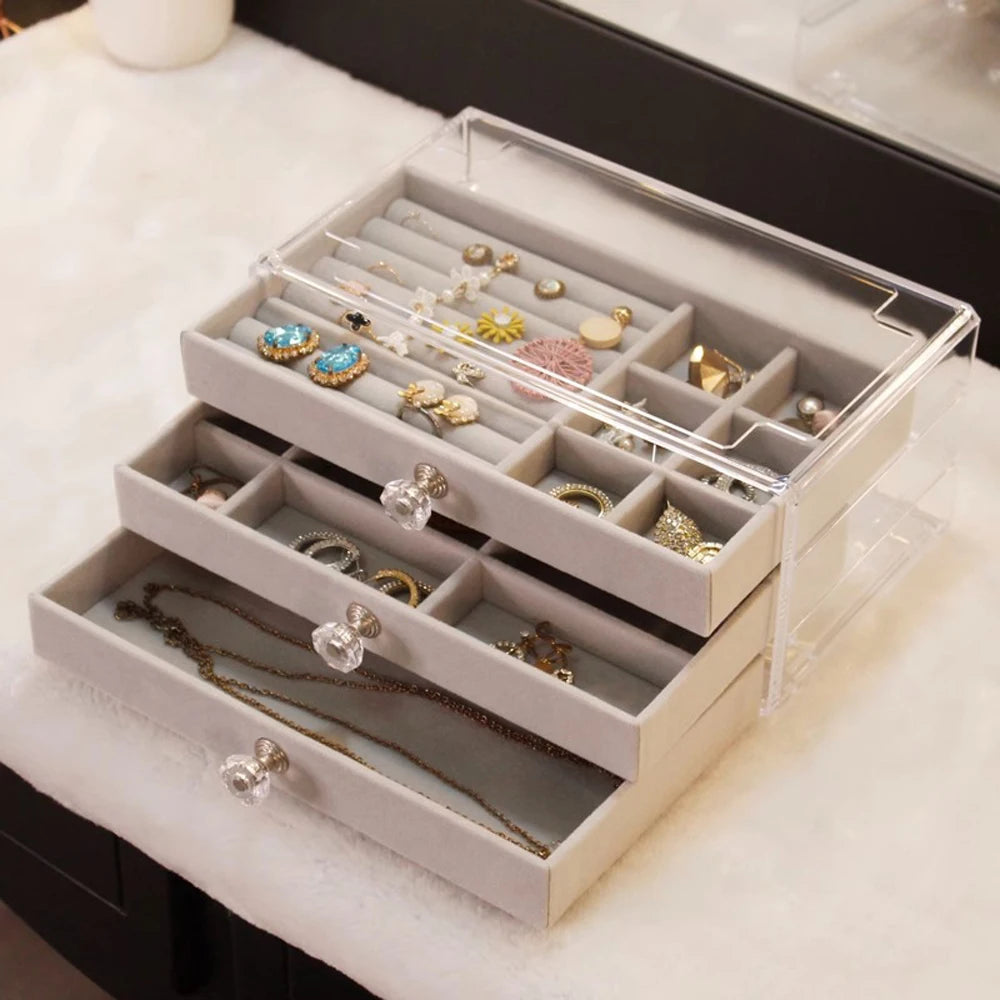 1 Piece of High-capacity Three-layer Flannel Jewelry Box Drawer Jewelry Box Storage Earrings Necklace Ring