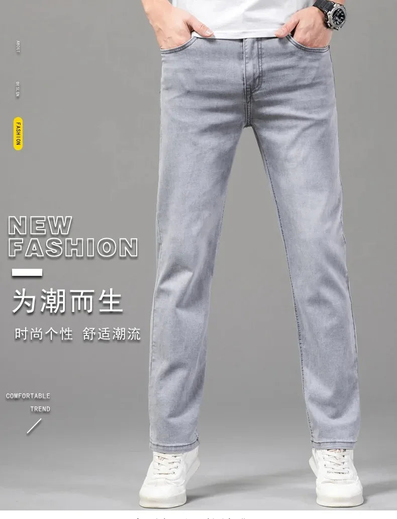 Summer Thin Men's Cotton Jeans New Fashion Gray Elastic Straight Business Casual Pants Comfortable Brand Trousers