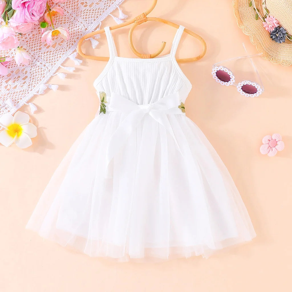 Dress For Kids 2-7 Years old Birthday Fashion Cute Floral Belt Tulle Suspender Princess Casual Dresses For Baby Girl