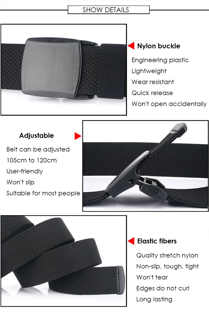 VATLTY Metal Free Men's Elastic Belt Strong Engineering Plastic Quick Release Nylon Buckle Unisex Stretch Belt Outdoor Girdles