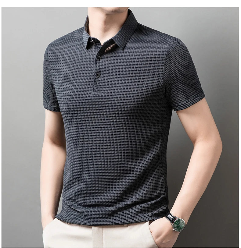 No Trace Of Ice Silk Polo Shirt Lapel Slim Business Casual Short-Sleeved T-Shirt Solid Color Buttons Summer Men's Clothing