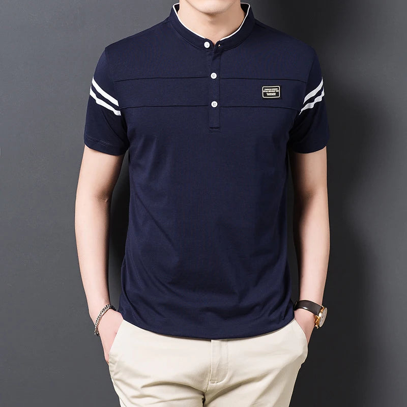 Men's Fashion Summer POLO T-shirt Casual Cotton Breathable Top Stand Up Neck Short Sleeve Korean Comfortable T-shirt