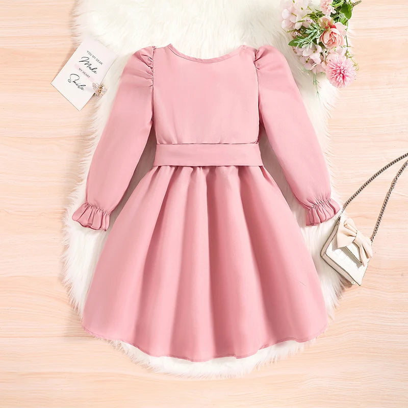 Autumn New Dress Kids Girls 4-7 Years Little Girl's Long-Sleeved Dress With Pink Hemline Burned Flower Elegant Princess Dress