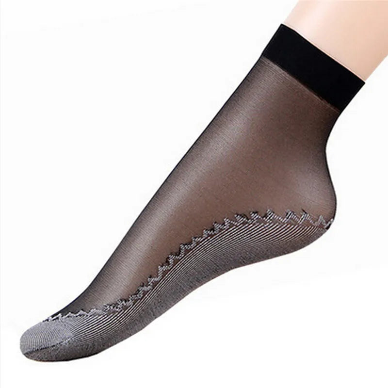 5 Pairs/ Lot Spring Summer Women Soft Socks Casual Non-Slip Bottom Splice Fashion Transparent Ladies Girls Thin Silk Sock