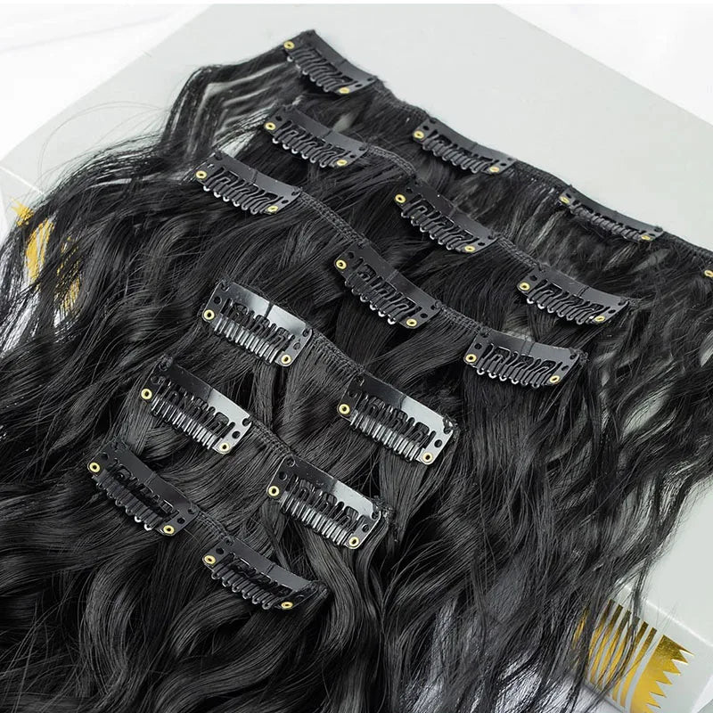 Synthetic Clip In Hair Ponytail Wig Extensions 6PCS 24" Black Long Mermaid Waves Wavy Clip On Hairpiece For Women Girl Daily Use