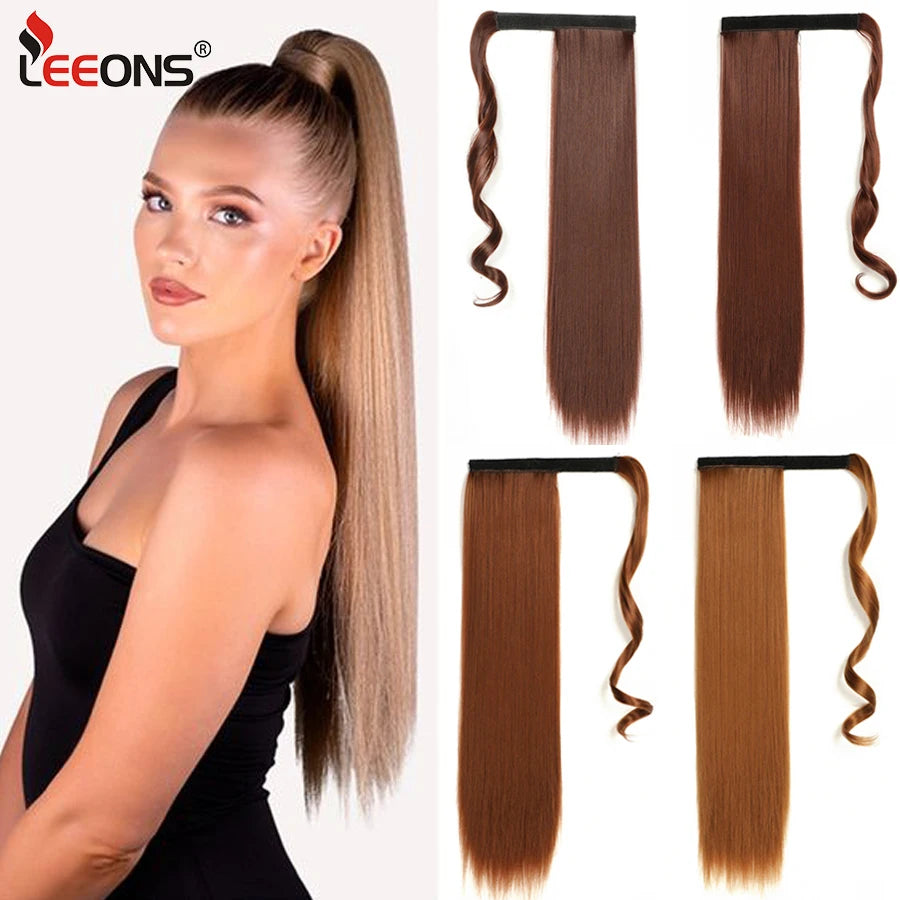 Synthetic Straight Black Wrap Around Ponytails Hair Extensions 22 Inch Fake Hair Piece Wig Heat Resistant Ponytail For Women